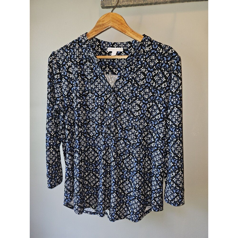 Westport 1962 Women’s 3/4 Sleeve Blue and White Stretch Blouse Size large
